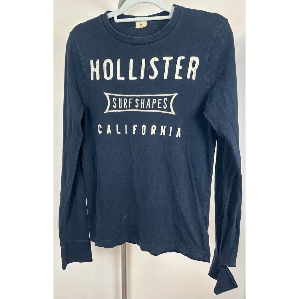 Hollister Y2K Men T-Shirt M Navy Logo Long Sleeve Shirt Surf Shapes Destroyed